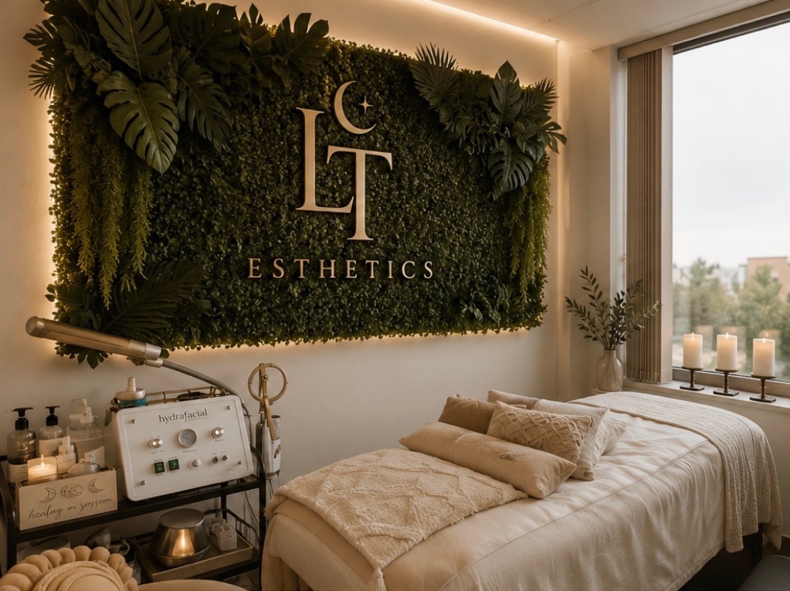 Luna Tropical Esthetics studio with LT logo wall